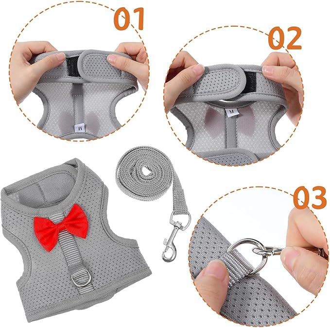 Light Blue Rabbit Harness and Leash Set, with Cute Bow Soft Breathable Mesh Bunny Vest Harness for Rabbits Kitten Ferret Puppy Small Pets Walking, M