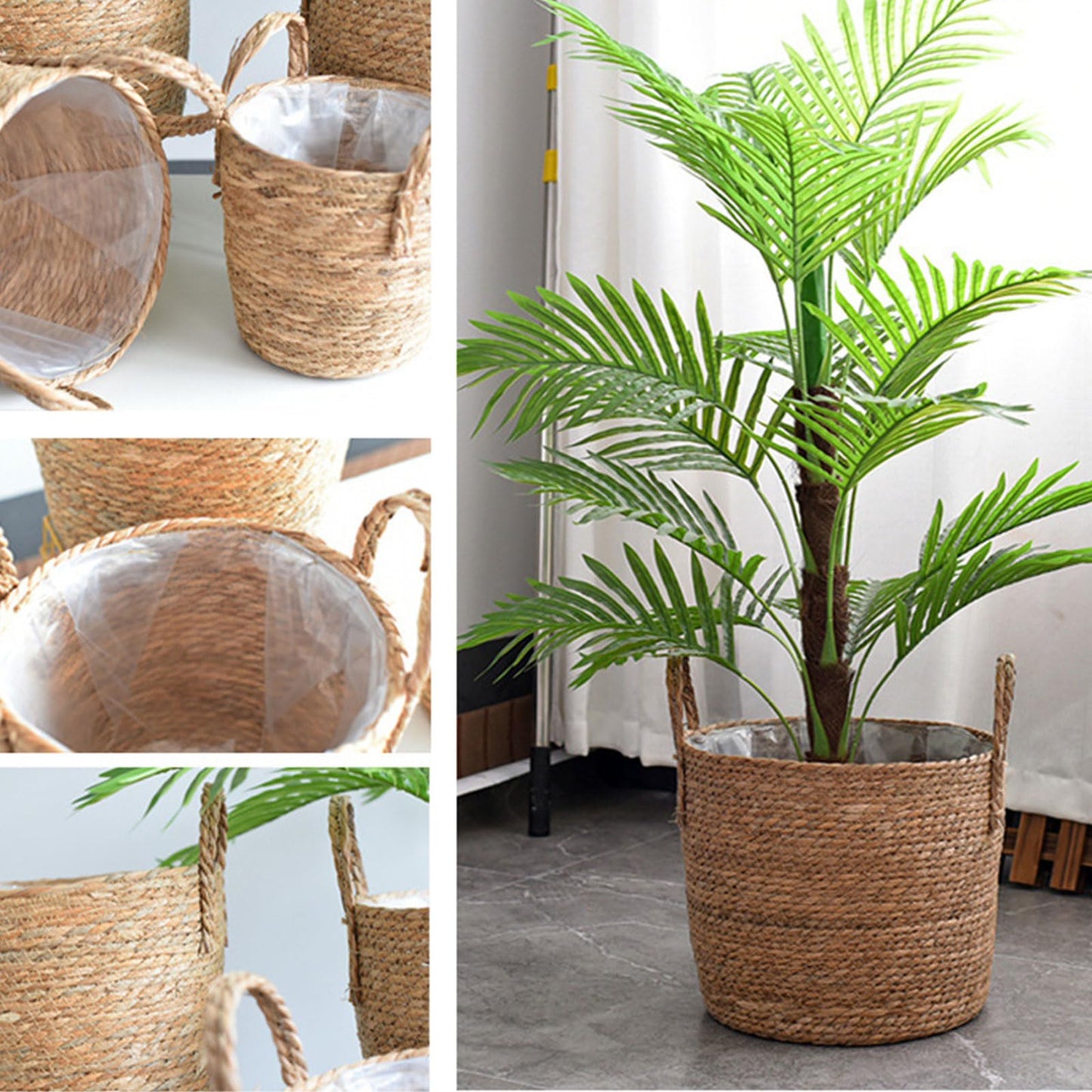 Hqkfuybl Woven Straw Flower Pot, Sea-Grass Planter Basket, Wicker Rattan Vase Sundries Organizers Storage Bins, Hand Woven Basket Planter with Plastics Liners and Handle - L 8.26x10.63inch
