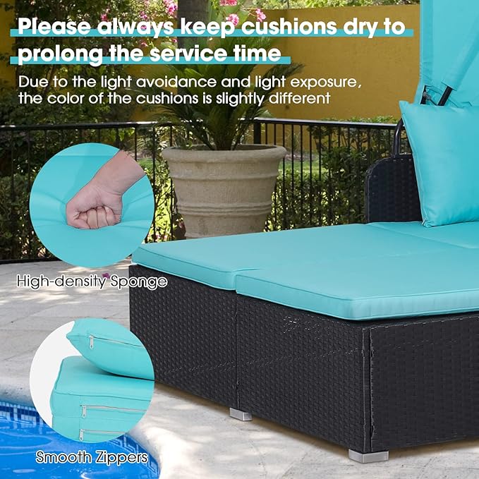 COSTWAY Outdoor Daybed with Retractable Canopy, Wicker Patio Furniture Set with