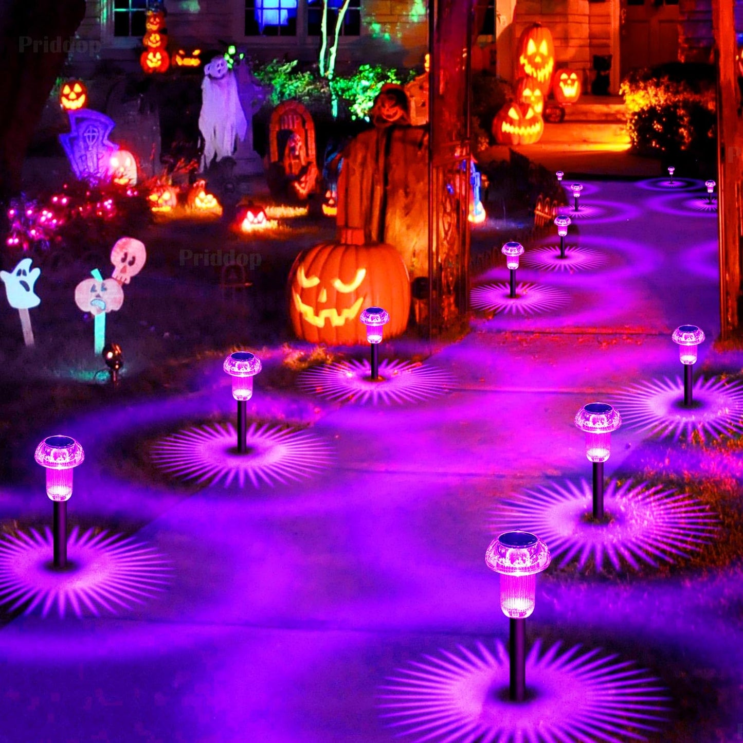 Priddop Solar Halloween Lights Outdoor 8 Pack Waterproof Purple LED