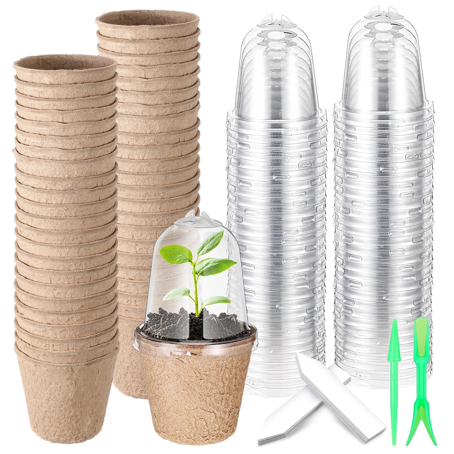 Baderke 120 Pcs Biodegradable Nursery Pots with 30 Humidity Dome and 30 Labels, 3.15" Plant Nursery Seed Starter Planter Biodegradable Peat Pots for Planting Seedlings, Vegetables (Round)