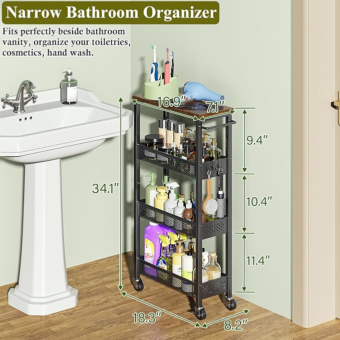 OKZEST Utility Slim Storage Cart, 4 Tier Small Rolling Kitchen Laundry Room Cart