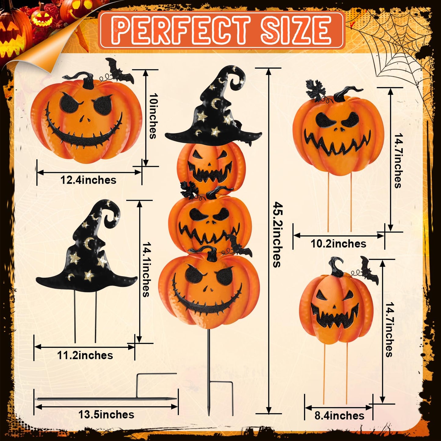 Halloween Garden Stakes, Stacked Metal Pumpkins Jack-o-Lantern Lawn Decor with Witch Hat, Shimmering Halloween Yard Signs Stake Decorative Pumpkin Stake for Outdoor Patio Pathway Home Decorations (A)