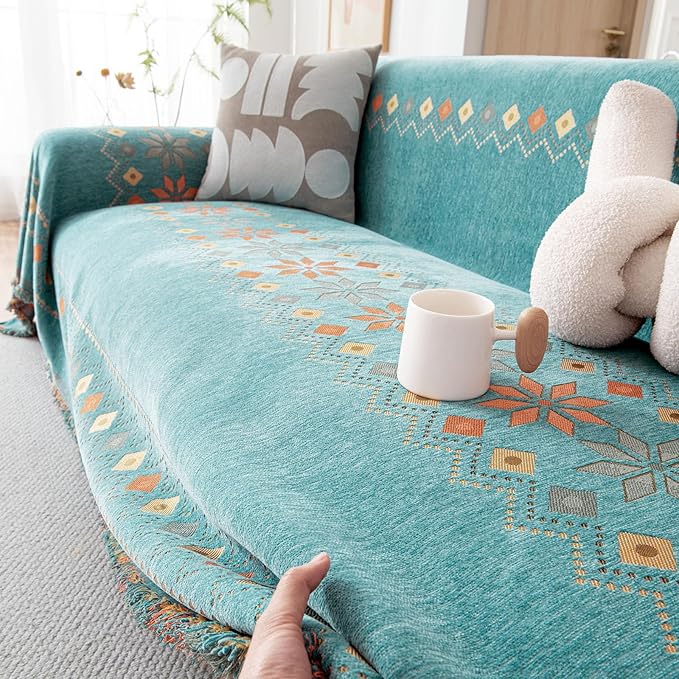 DREAMINGO Teal Boho Couch Cover Jacquard Chenille Sofa Covers Washable 3 Seater