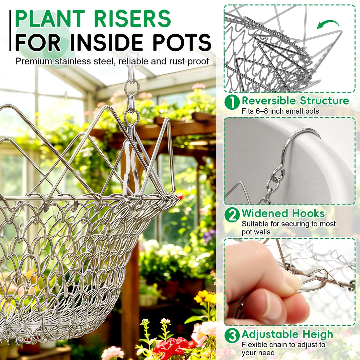 Axcoix 2 Pack Adjustable Height Plant Risers for Inside Pots, Rustproof Stainless Steel Planter Inserts for Large Tall Pots Opening 12-18 Inches Wide, Planter Lift Insert for Indoor Outdoor Planters