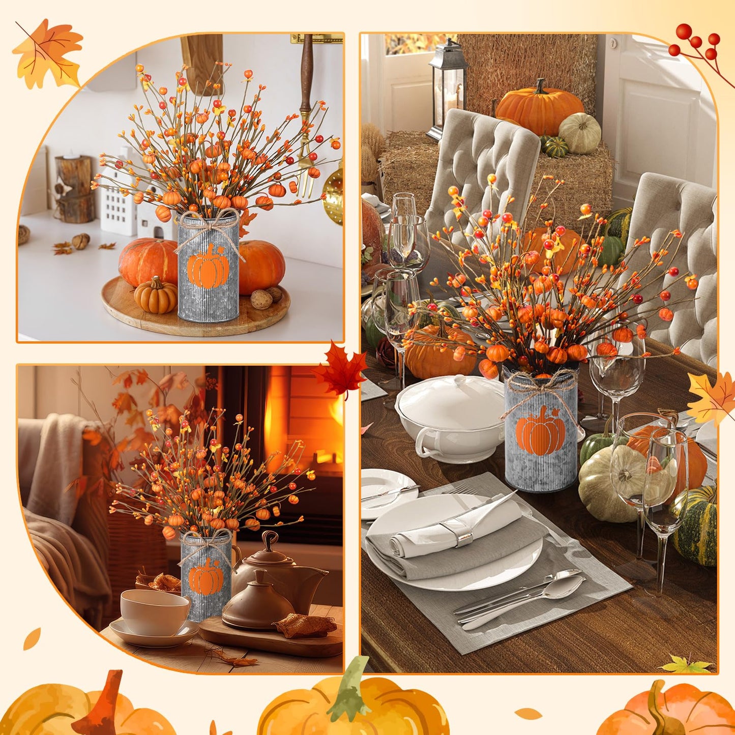SiliFine Fall Thanksgiving Table Centerpiece Decoration Fall Artificial Flower Stems Pumpkin Shaped Berry Picks with Metal Vase Pot for Autumn Farmhouse Office Home Dining Table Decor