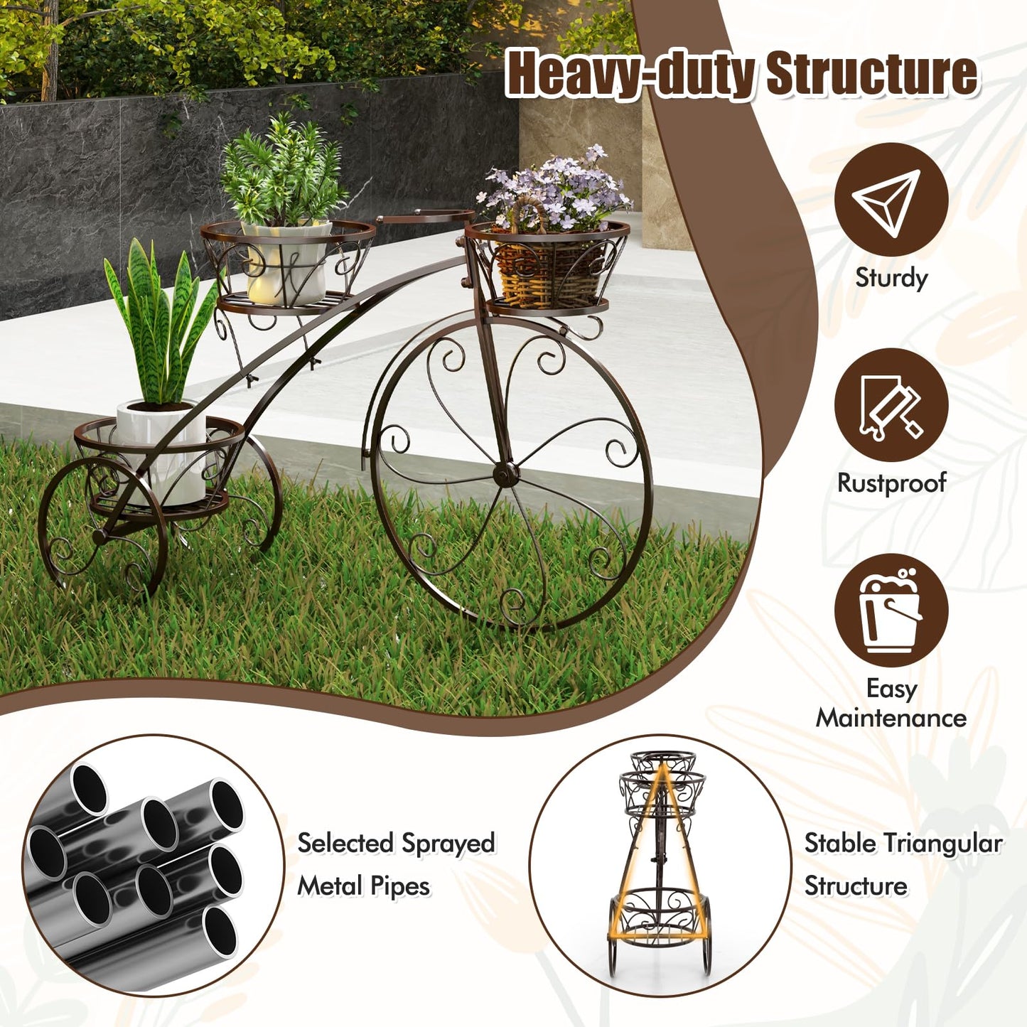 CHEFJOY Metal Bicycle Planter, 3-Tiers Flower Cart Display Stand with 3 Wheels & Iron Baskets, Decorative Cart plant stand for Garden, Patio, Indoor, Outdoor (Bronze)