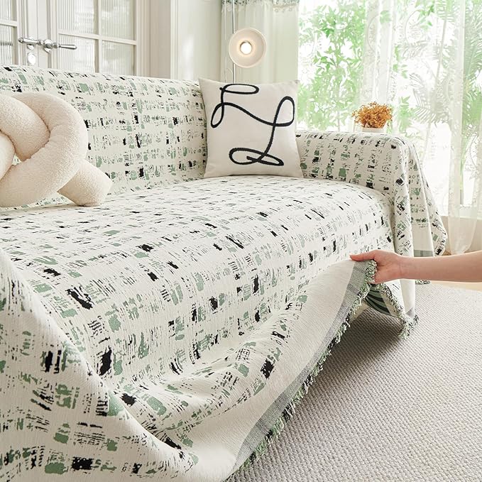 DREAMINGO Abstract Chenille Couch Cover Blanket Beige Green Black Boho Sofa