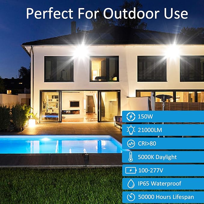 150W LED Outdoor Flood Light Dusk to Dawn, 5000K Daylight 21000Lms AC100-277V 1/2" Adjustable Knuckle Mount,ETL Listed IP65 Waterproof floodlight for Yard Garage