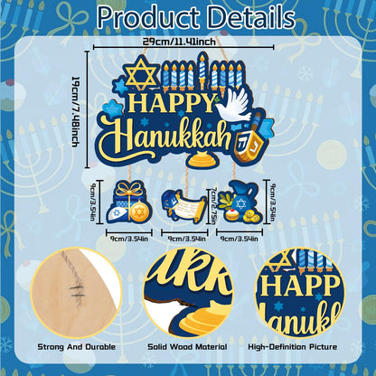 Aurlan Happy Hanukkah Door Sign,Hanukkah Wooden Wall Hanging,Jewish New Year Door Decor,Chanukah Wood Hanging,Chanukah Candlestick Wall Sign,Candle Pigeon Sufganiyot Decor for Porch Yard Home Room Office