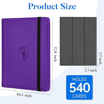 Premium 9 Pocket Card Binder for 540 Cards, Fabmaker PU Cover Trading Card Binder, Sturdy Card Collection Album, Sleek Card Holder Folders for Game Cards & Sports Cards, Purple