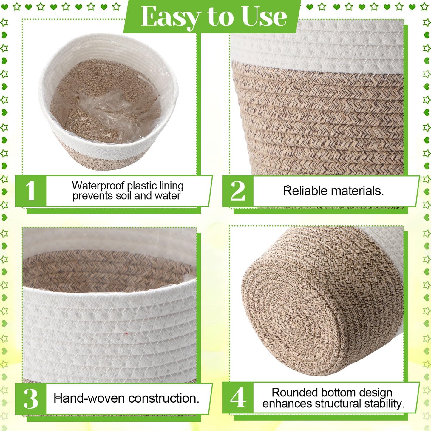 Fiwochic 4 Pcs Cotton Rope Plant Baskets Indoor Woven Flower Baskets with Plastic Liner, Plant Planter for Indoor Outdoor Spring Rustic Boho Home Farmhouse Floor Potted Pots Decor