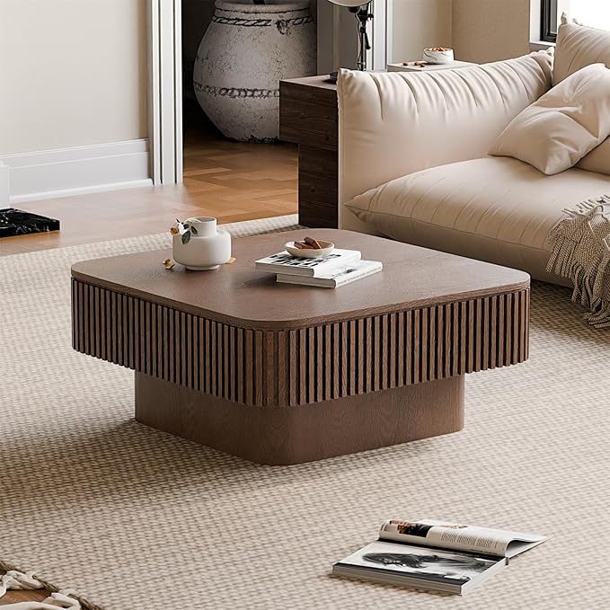 Square Coffee Table for Living Room, Fluted Drum Accent Tea Center Table