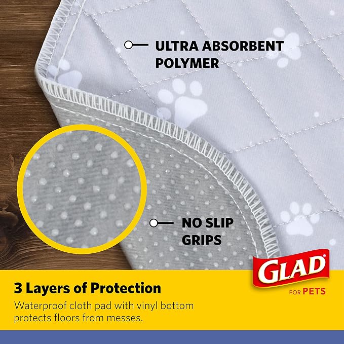 Glad for Pets Washable Dog Pee Pads, Small, 18 x 24 Inches, 2 Count, Gray with Paw Prints, 3-Layer Leak Protection, No-Slip Vinyl Bottom, Reusable Puppy Training Pads
