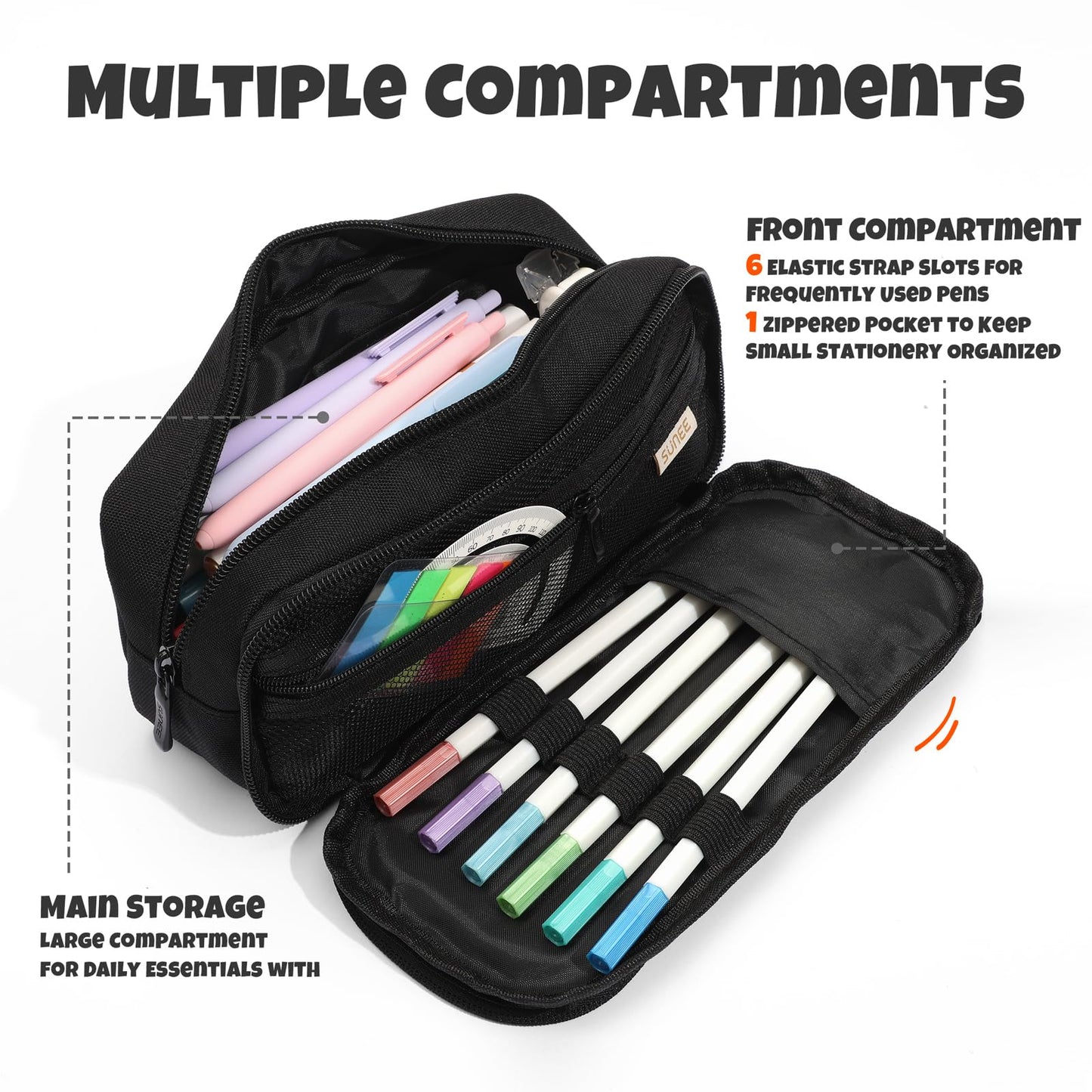 SUNEE Pencil Case, Large Capacity Pencil Pouch, Extra Big Pencil Bag with 6 Compartments, 900D Oxford Pencil Box for Office Stationery Organizer, School Supplies for Teen Boys Girls Women Men, Black
