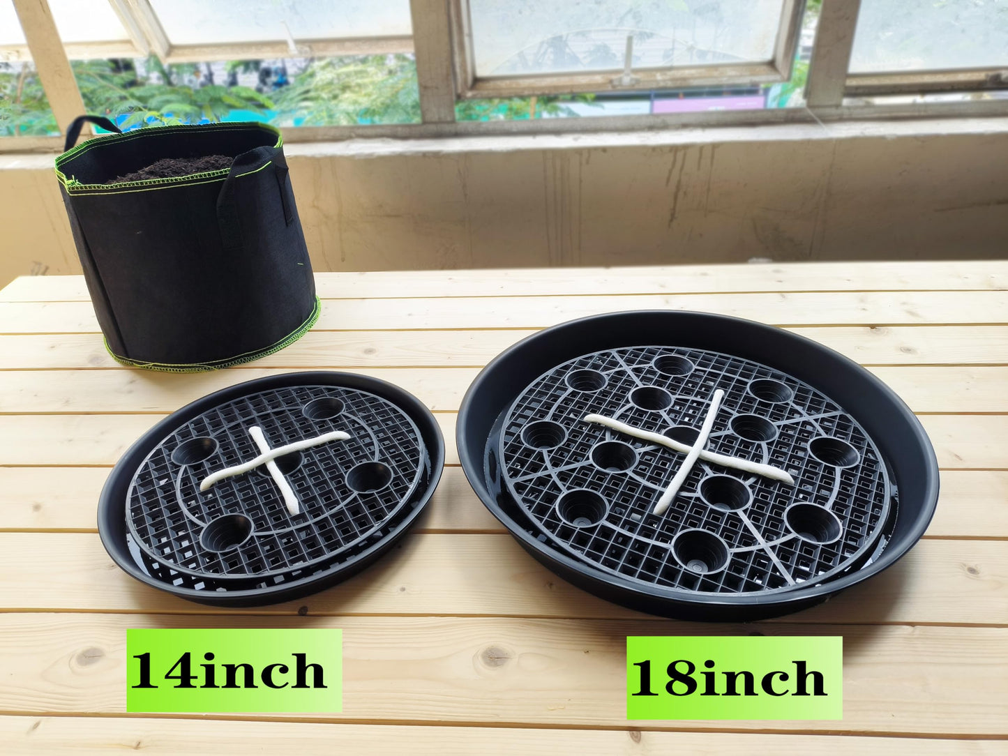 Plastic Plant Saucer Stand,4-Pack 14 inch, Elevated Plant Saucer Self-Watering Fabric Pot Base, Use Nonwoven Grow Bags, Plant Saucers Flower Pot Tray for Indoor-Outdoo and Grow Tents Greenhouses
