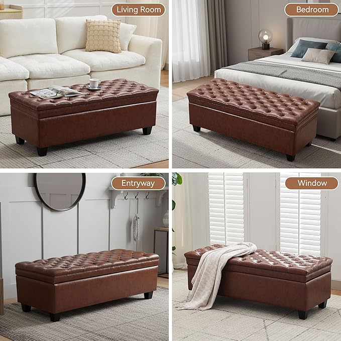WUTUTUEE 50" Faux Leather Storage Ottoman Bench, Upholstered Rectangle End of