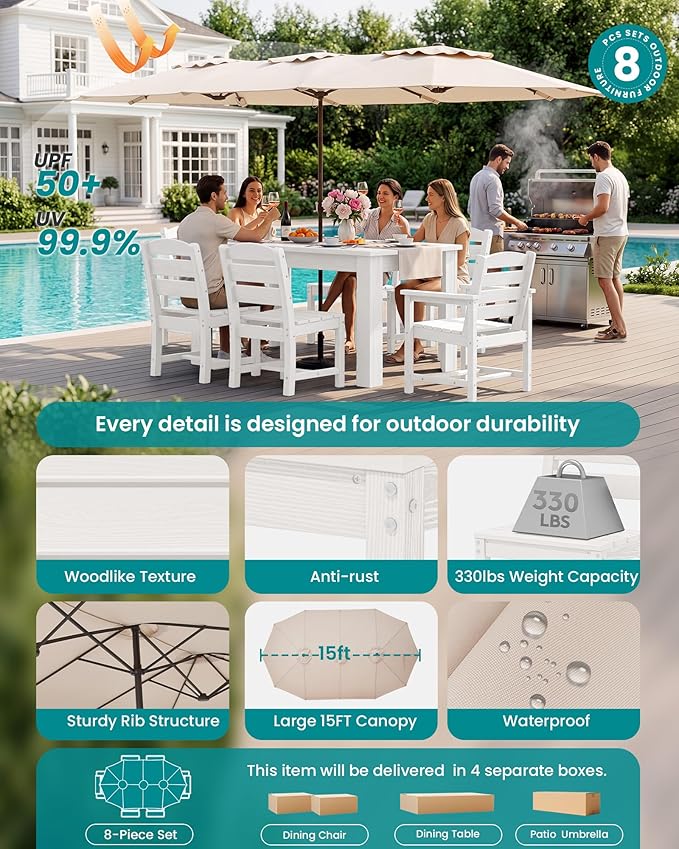 SERWALL Patio Dining Set with 15FT Double Side Umbrella, Outdoor Dining Sets