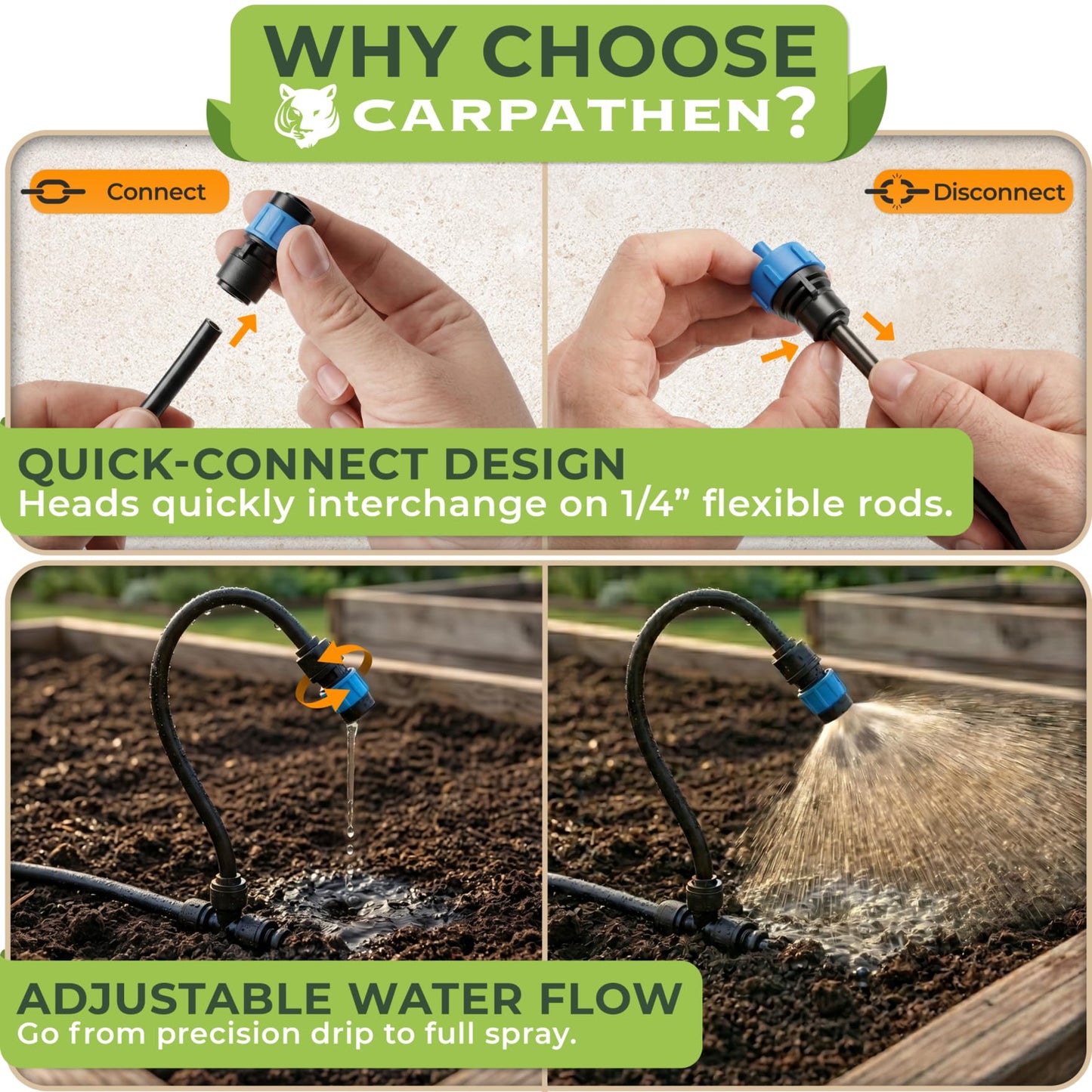 CARPATHEN 50FT 1/4" Drip Irrigation System - Complete Garden Irrigation Kit with 16pcs 360° Adjustable Atomizing Copper Nozzles - Watering Spray System for Raised Beds, Potted Plants, Greenhouse
