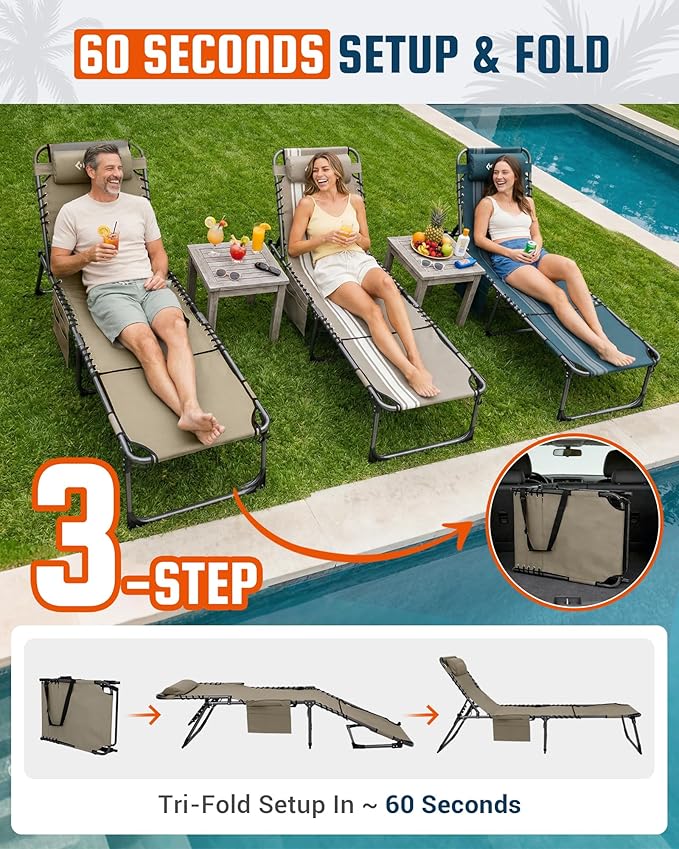KingCamp Tanning Chair with Face Hole, Lounge Chairs Outdoor Folding Comfy