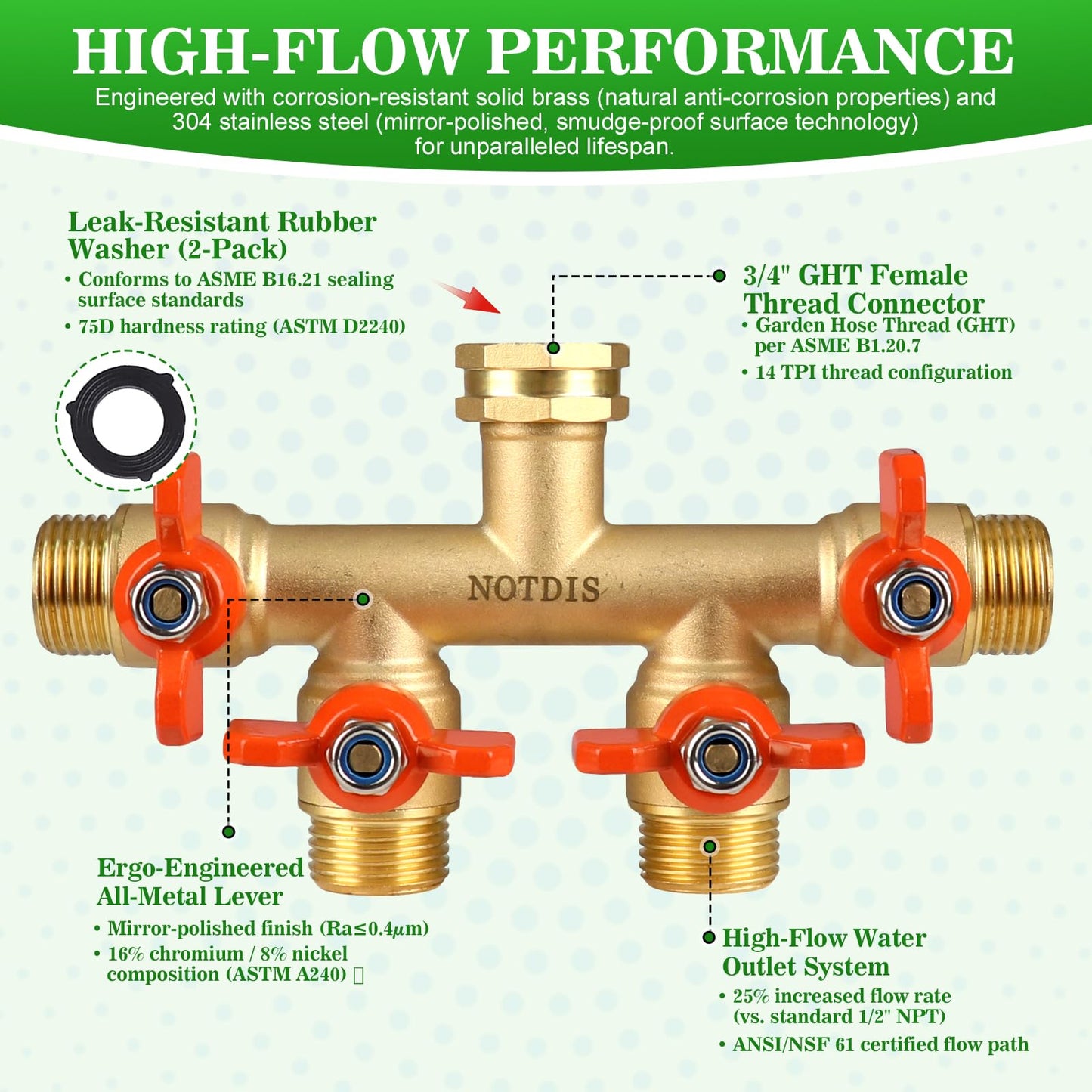 4 Way Brass Hose Splitter Full Flow with Metal Handle - Heavy Duty Spigot Splitter with Shut Off Valve, 3/4" GHT Garden Tap Connector