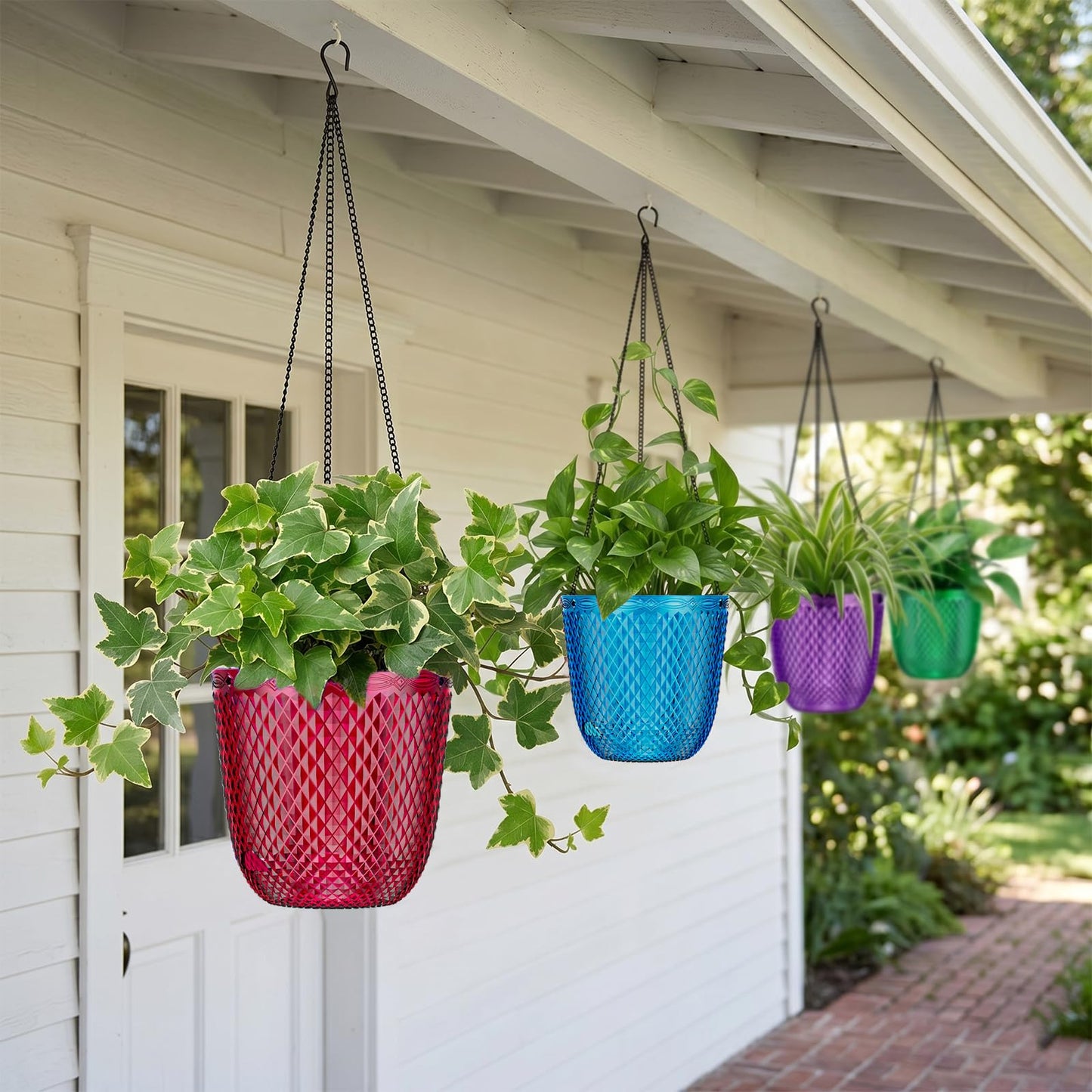 QCQHDU Hanging Planters for Indoor Plants, 2-Pack 7.2 Inch Self Watering Hanging Pots, Plastic Plant Hanger with Drainage Holes and 3 Hooks Chains for Garden Home (Red)