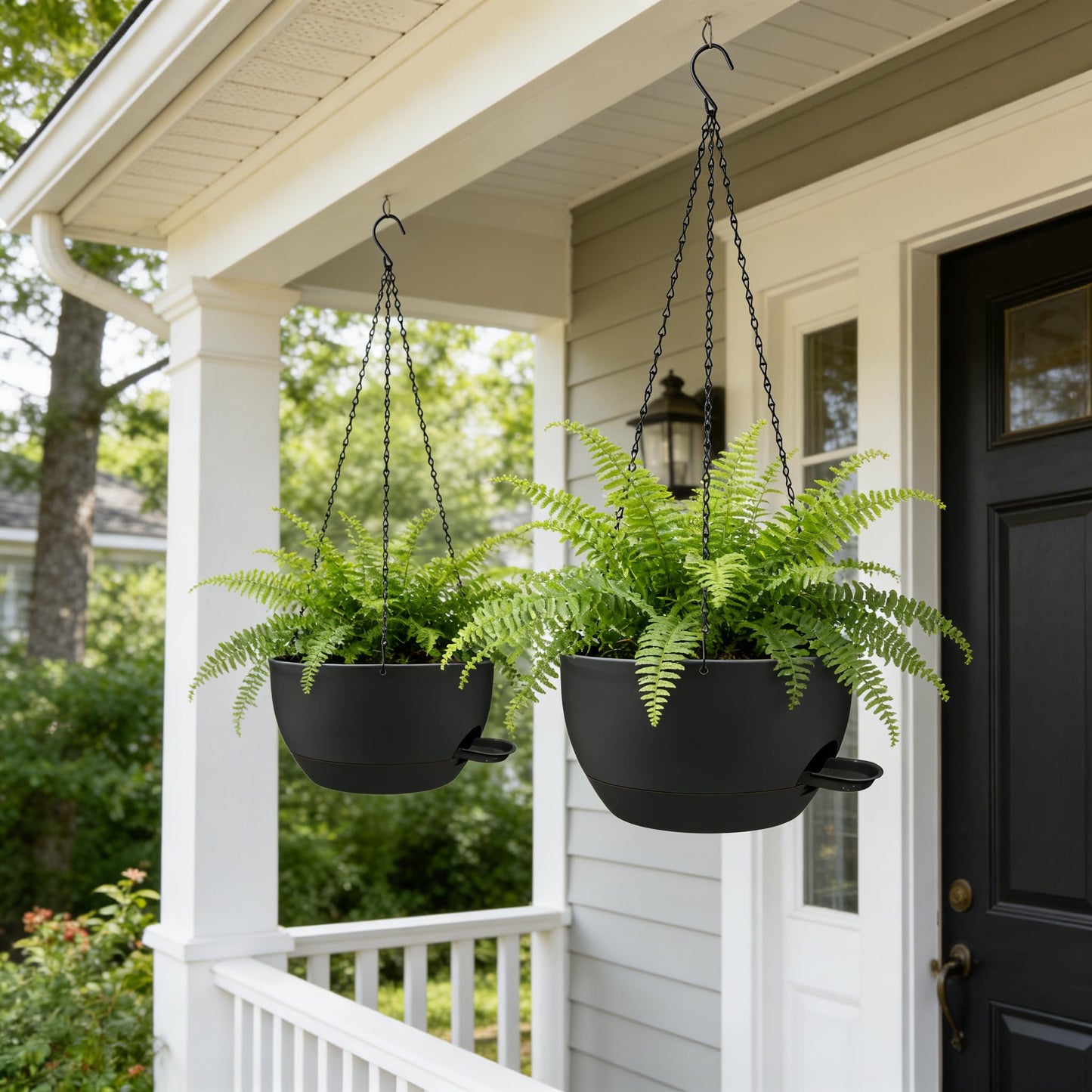 CNLBO 12 Inch Self Watering Hanging Planters 2 Pack, Indoor Outdoor Hanging Pots for Plants with Drainage Holes & Saucers, Black Plastic Hanging Baskets for Kitchen Balcony Garden