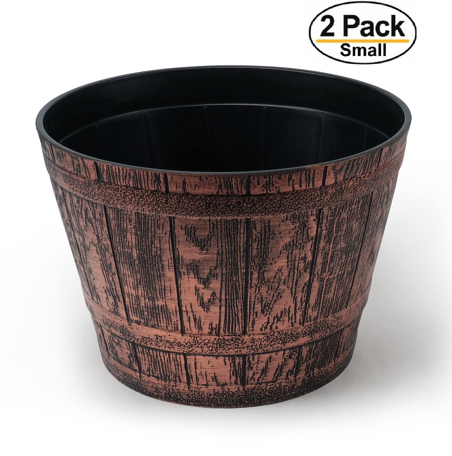 Sapphire Plant Pots Set of 2 Pack 10 inch, Copper Whiskey Barrel Planters with Drainage Holes. Plastic Decoration Flower Pots Imitation Wine Barrel Design (Copper-S)
