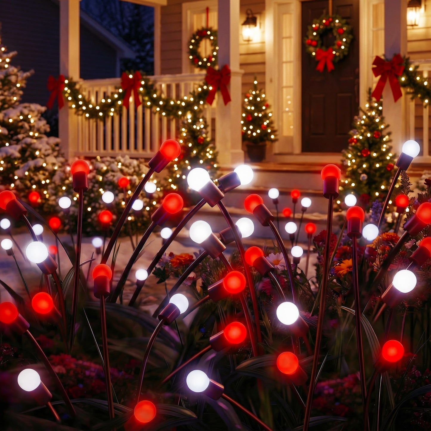 Sukesou Solar Christmas Firefly Lights, 2 Pack 6LED Red & White Solar Garden Stake Lights, IP65 Waterproof Auto On/Off Solar Powered Pathway Lights for Yard Patio Christmas Outdoor Decor