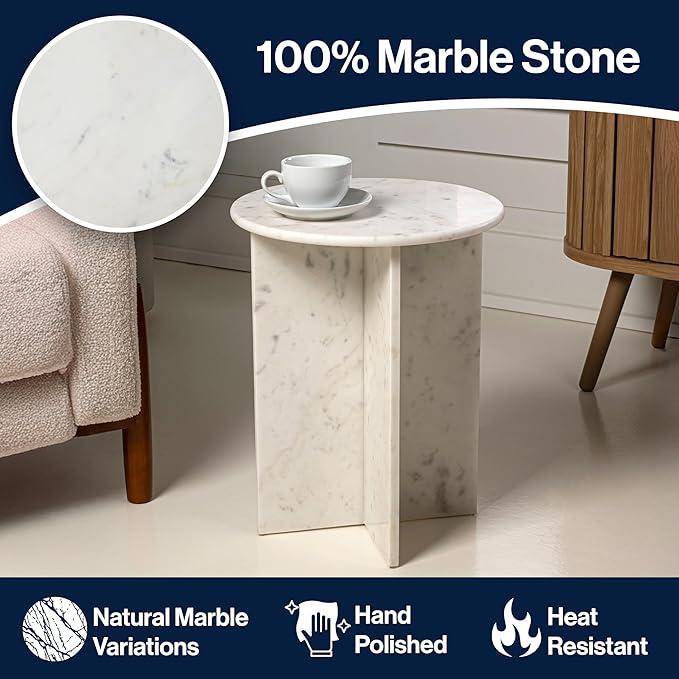 JONATHAN Y Javier Solid White Marble End Table, 17.75" Round Modern Accent Side