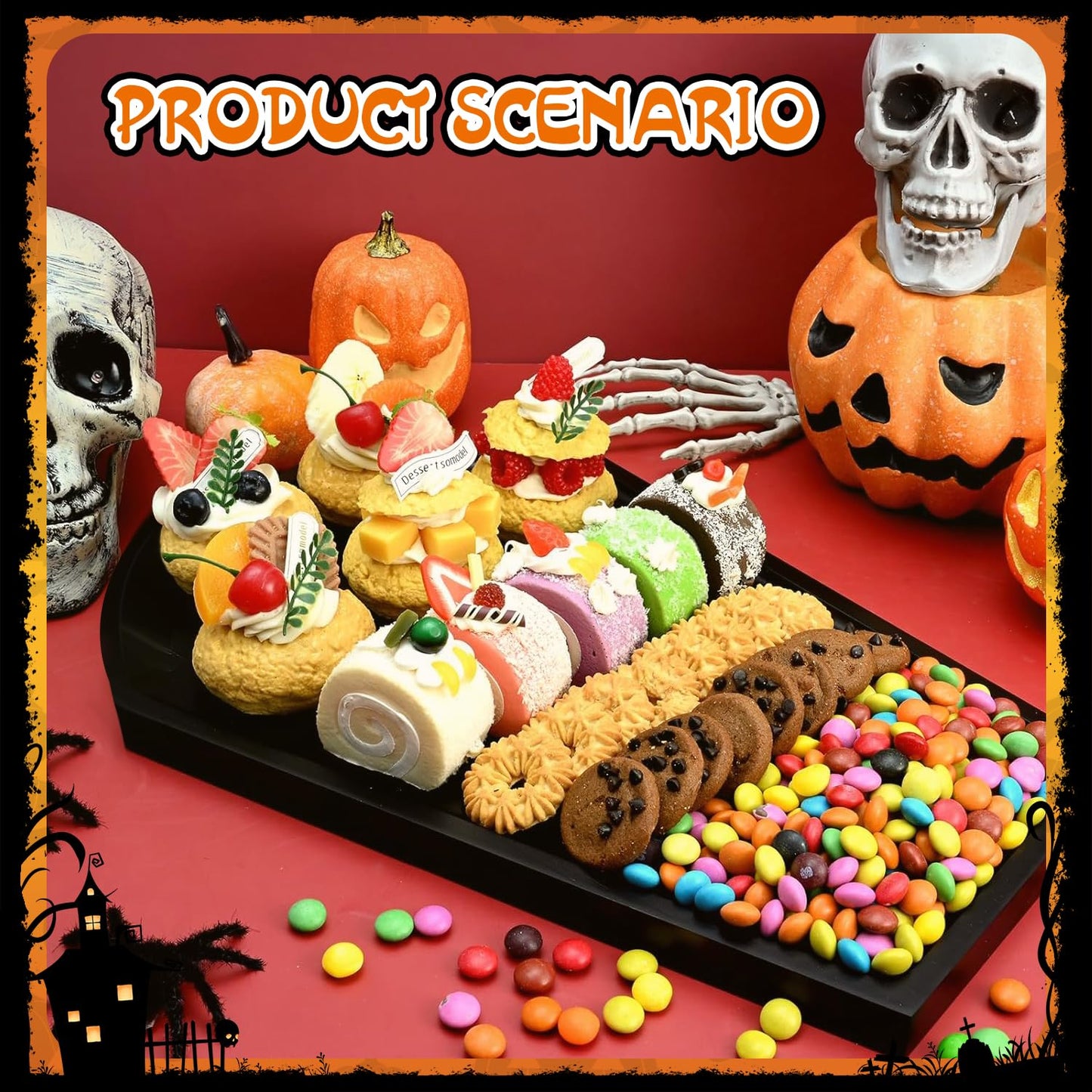 Halloween Coffin Feature Board, Party Table Center Decoration, Gothic Coffin Tray and Carved Skeleton - Coffin Banquet Plate Engraved Skeleton, Essential Halloween Party Decoration Accessories.