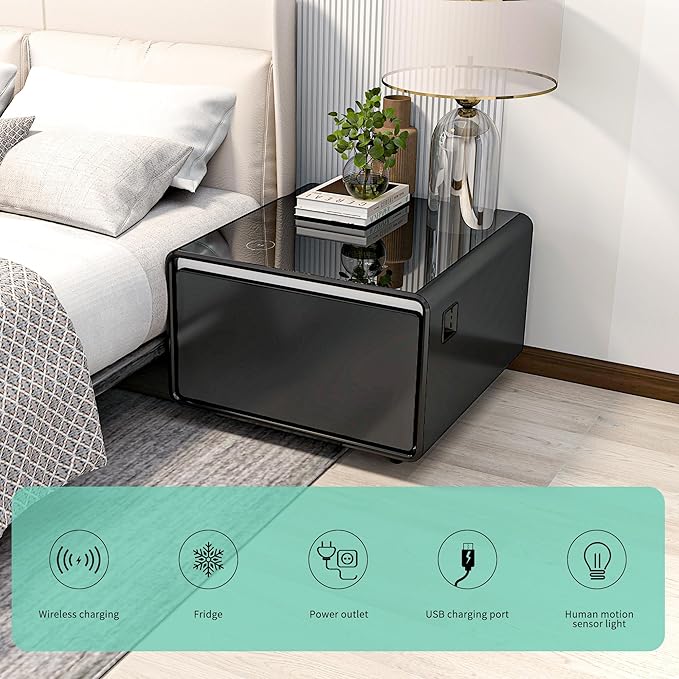 LUMISOL Smart Side Table with Built-in Fridge, Wireless Charging, Temperature