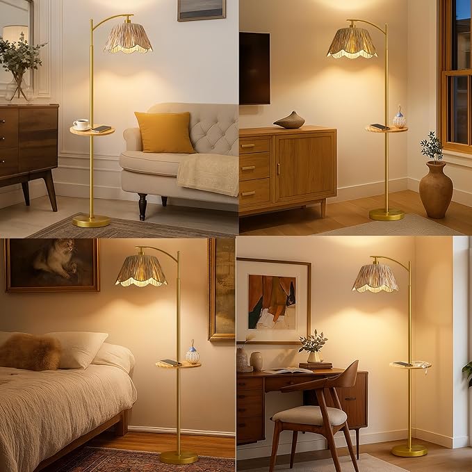 Oneach Floor Lamp with Table for Bedroom, Boho Standing Lamps with Foot Switch