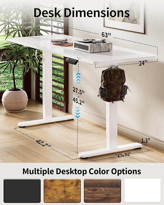 BIZUM Electric Standing Desk 63 x 24 Inch Computer Desk-Gaming Desk White Home