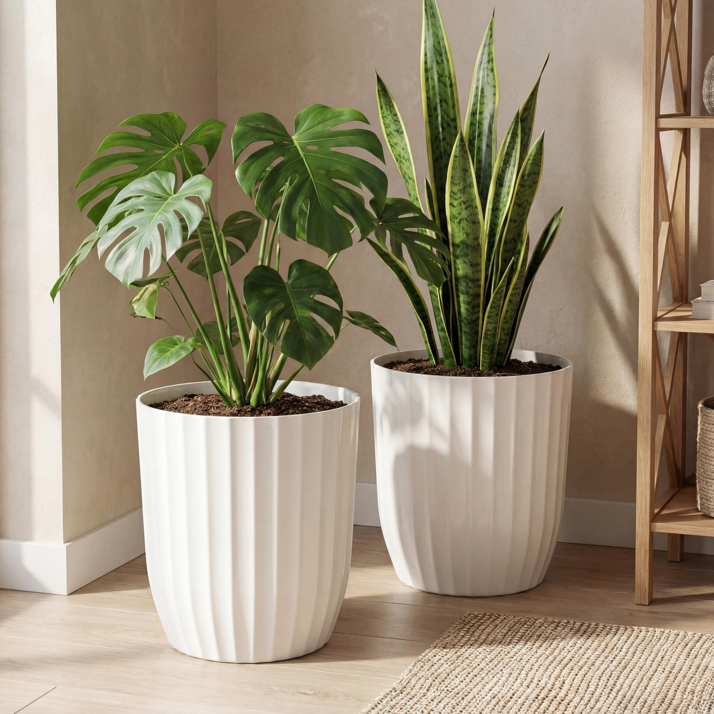 Briwooody 2 Pcs Tall Planter 12.6" Large Round Plastic Plant Pots with Drainage Hole and Tray White Modern Planter for Indoor Outdoor Plants Home Office Kitchen Bedroom Living Room Porch Patio Decor