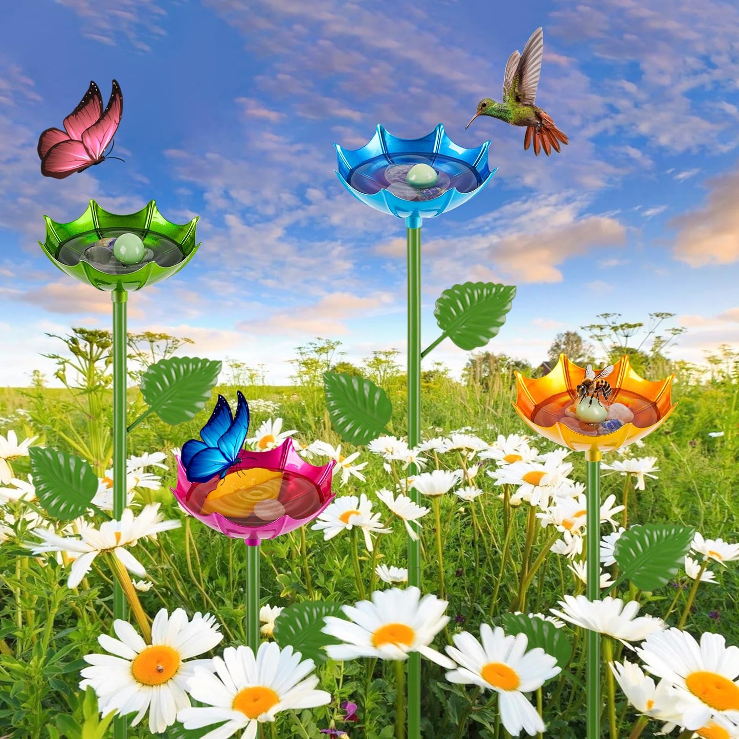 Retyion Bee Watering Station | 4 Pack Butterfly Feeder for Outside | Metal Decorative Garden Stakes | Bee Baths for Garden Yard Decor Umbrella Design (Red,Green,Blue,Yellow)