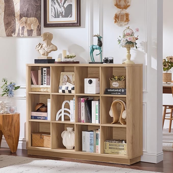 Joaxswe 12 Cube Storage Organizer, Wood Floor Standing 3-Tier Cubby Bookcase