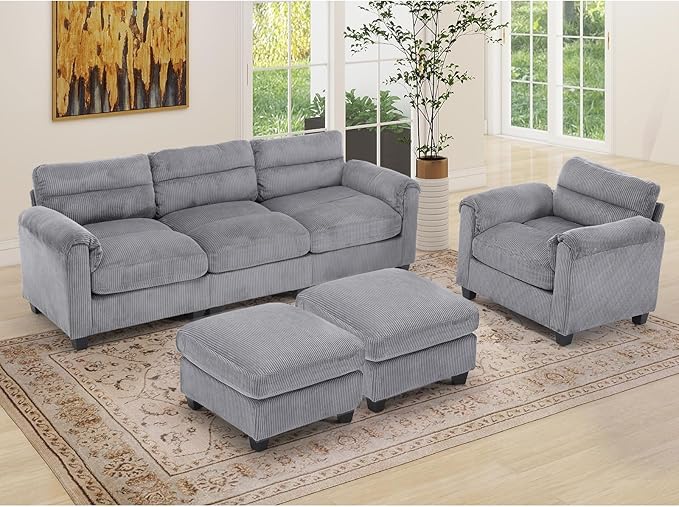 HAOMARKETS Corduroy 4-Piece Sofa Set, Upholstered Ottoman Set of 2, Accent