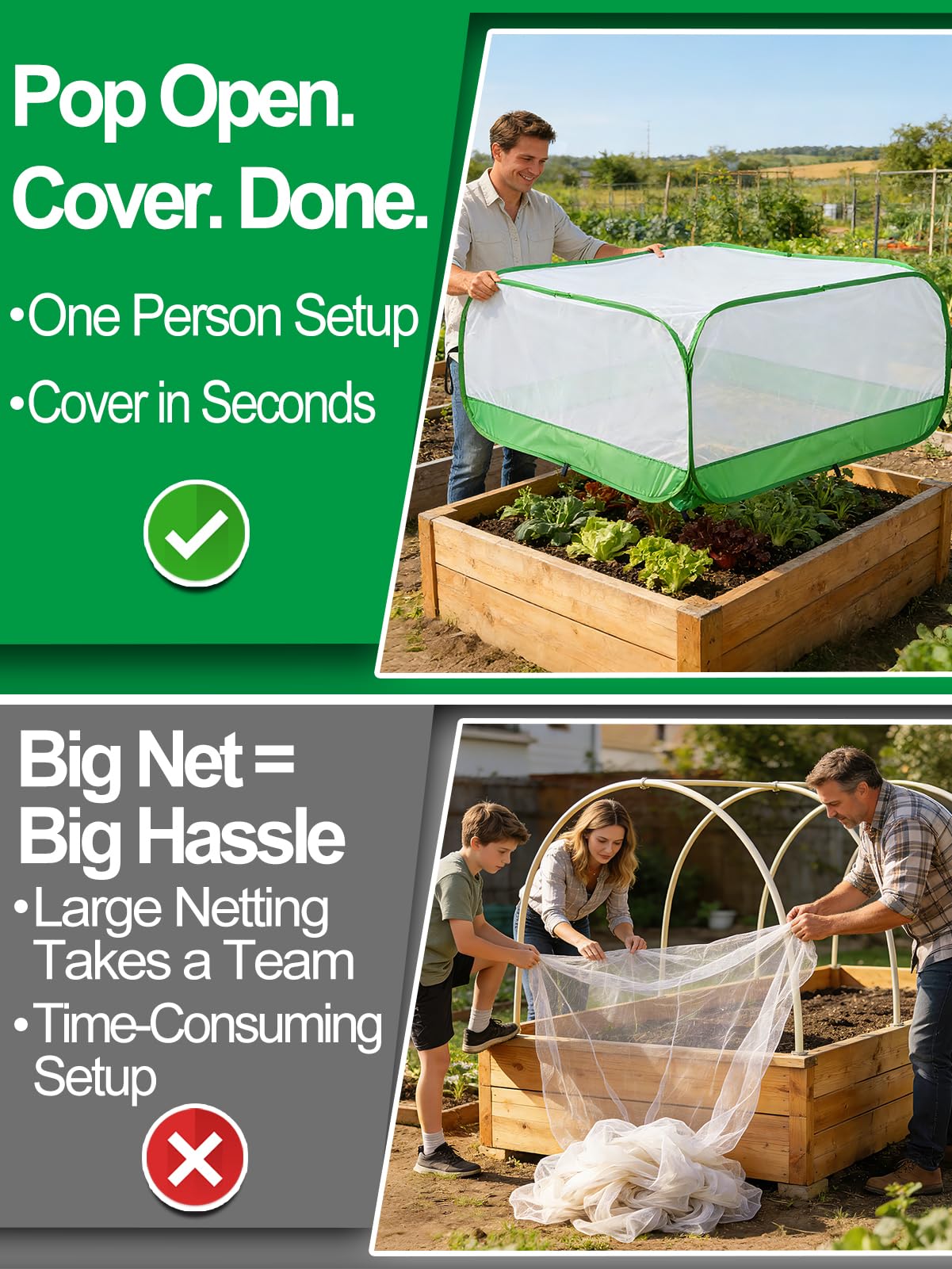 Pop Up Garden Netting for Square Raised Beds - 4'L x 4'W x 2'H Ultra Fine Mesh Net Plant Cover with 8 Stakes, Protection for Vegetables Fruit from Birds Pests
