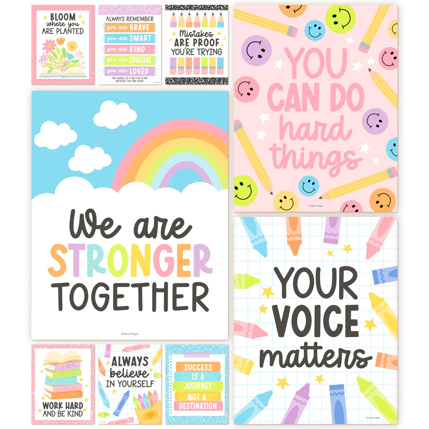 Hadley Designs Motivational Poster for Classroom Decor -9 Growth Mindset Classroom Posters Elementary, Inspirational Wall Decor Middle School, Teacher Must Haves, Pastel Bulletin Board Decorations