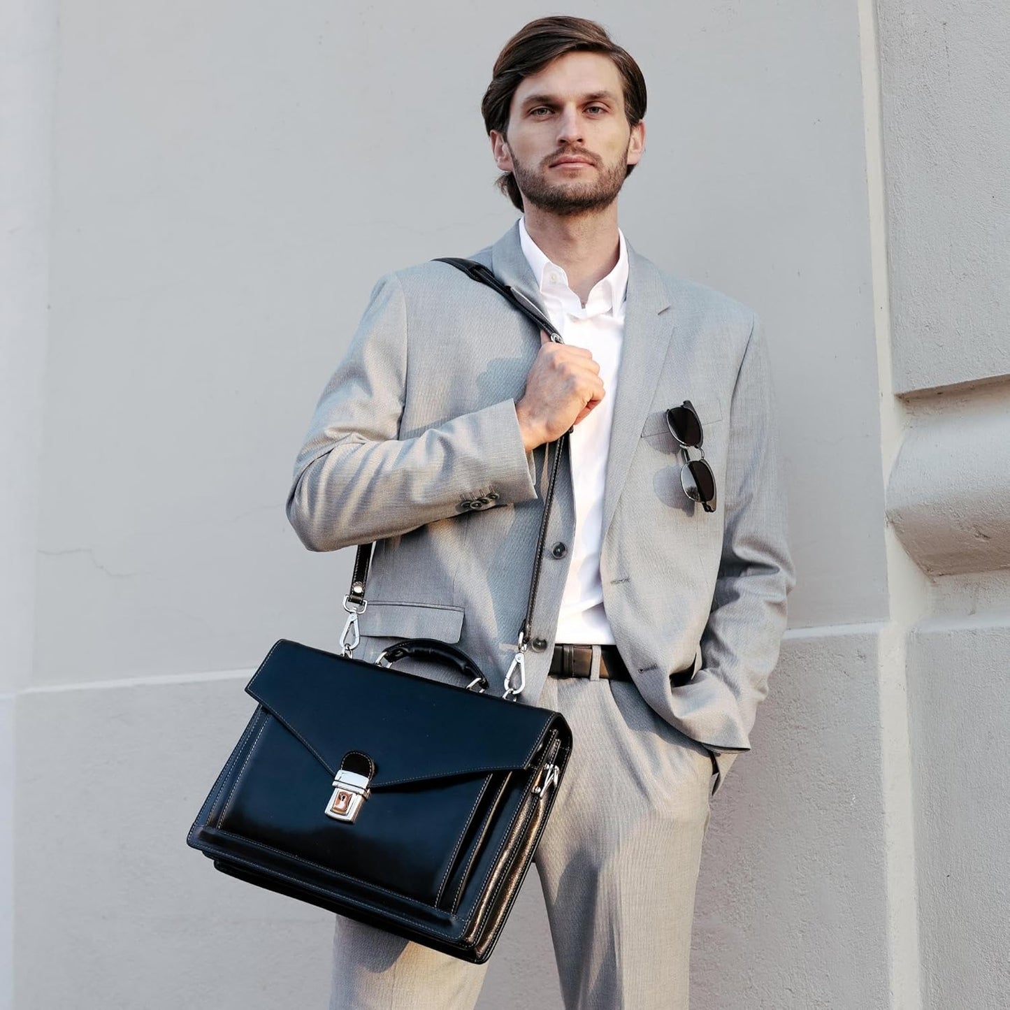 Time Resistance Leather Briefcase for Men - Business Laptop Bag - Italian Handmade Leather Bag - Attache - Gift Box Included