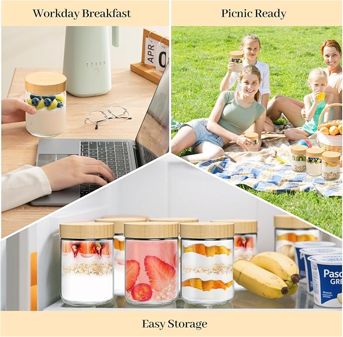 TBWIND 12 Pack 16oz Glass Jars with Bamboo Lids, Spoons, Airtight Overnight Oats Containers, Salad& Yogurt Storage, Mason Jars for Snacks, Spices, Meal Prep – Reusable