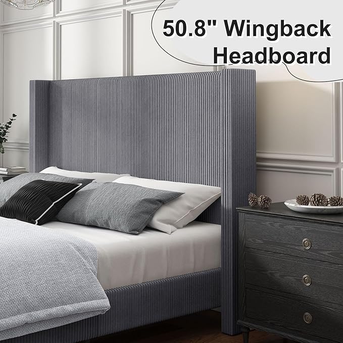 HOWE Queen Size Bed Frame with 50.8" Tall Wingback Headboard, Modern Corduroy