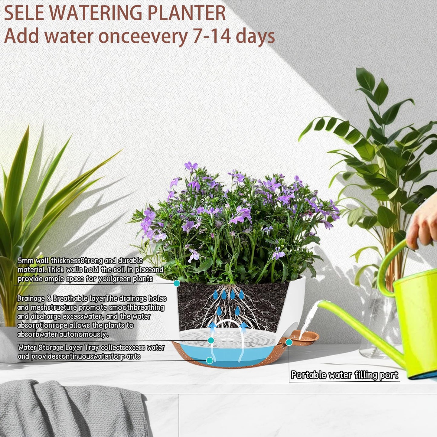 zople 2 Pack 12 Inch Self Watering Hanging Planters for Indoor Plants, Large White Brown Plastic Hanging Pots with Chains for Outdoor Patio Garden Home Decor White Brown
