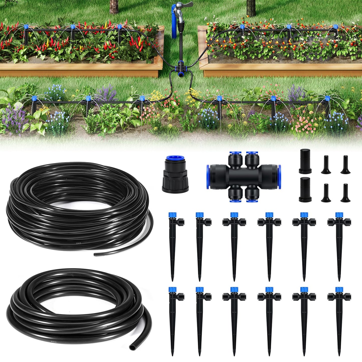 HIRALIY 50FT Garden Watering System, Drip Irrigation Kits for Plants, New Quick Connector, Blank Distribution Tubing, Saving Water Automatic Irrigation Equipment for Patio Lawn
