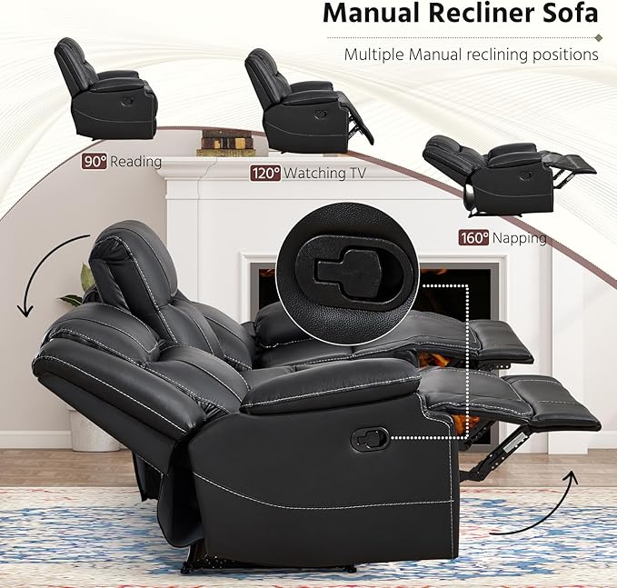 ANJ Premium Genuine Leather Manual Reclining Sofa Couch, Overstuffed 3-Seater