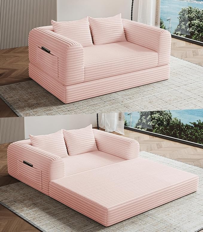 Versatile 2 in1 Loveseat Pink Accent Chair Couch Convertible Boneless Chaise