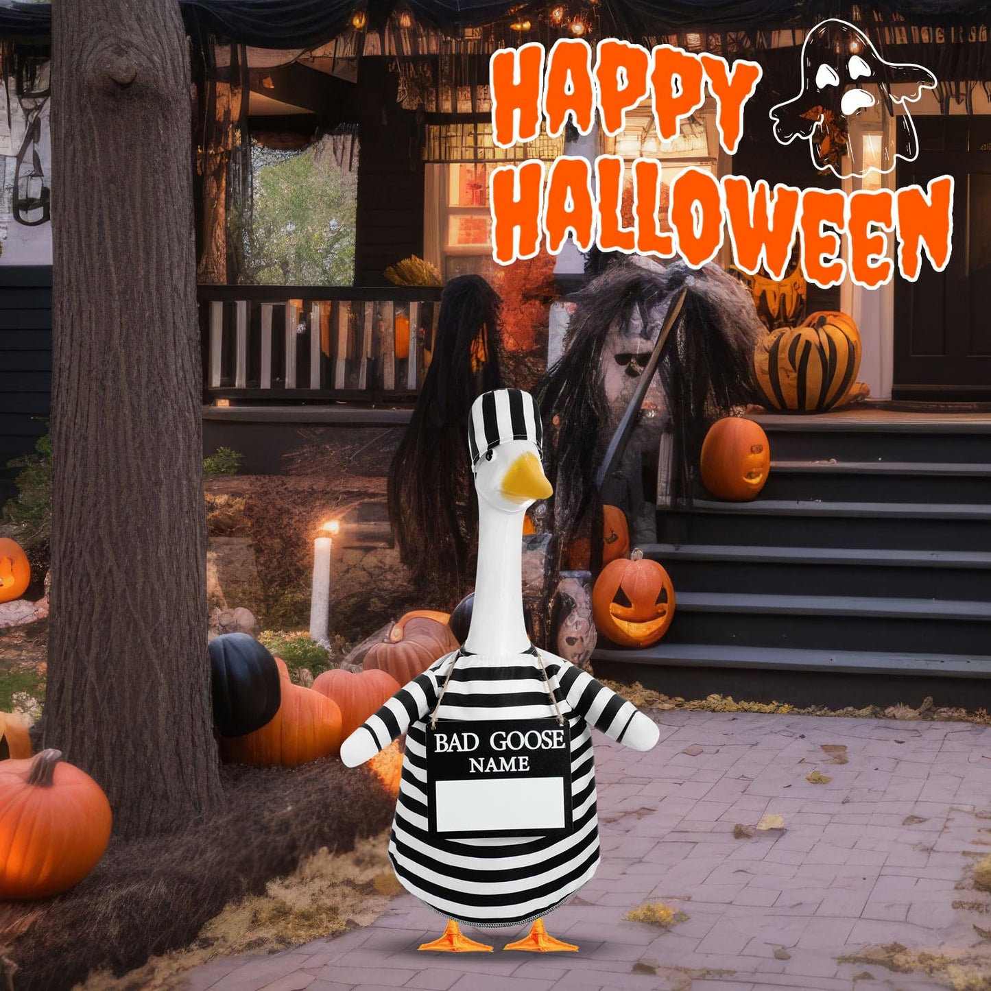 Shyyween Halloween Prisoner Porch Goose Outfit Plastic Lawn Porch Goose Statue Prisoner Clothes with Bad Name Wooden Sign for Outdoor Patio Yard Art Decoration Cosplay