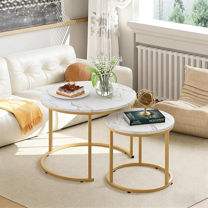 aboxoo Coffee Table Nesting White Set of 2 Side Set Golden Frame Circular Round