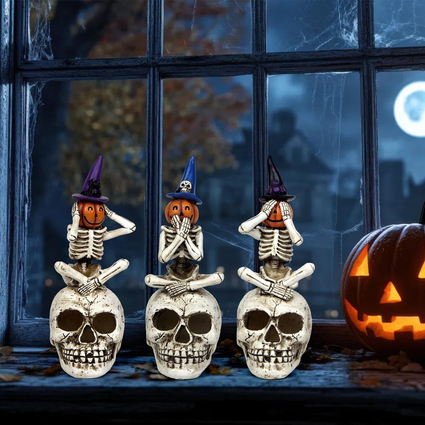 Mrlikale Halloween Skeleton Statue Set of 3, Witch Hat Pumpkin Skeleton Figurines with Skull Base Gothic Decoration for Tabletop, Home, Party